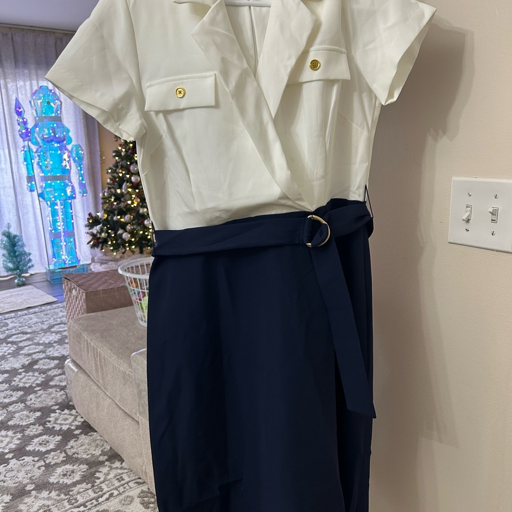 Chic White and Navy Belted Dress